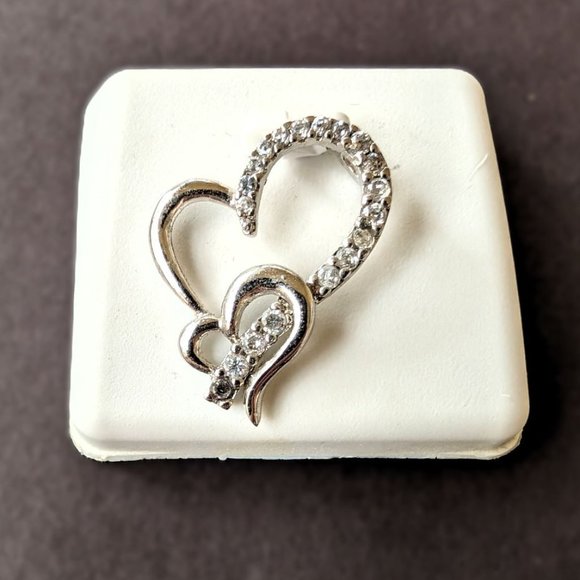 Stunning .925 Sterling Silver Double Heart's Pendant Encrusted w/ Brilliant CZ's - Picture 2 of 4